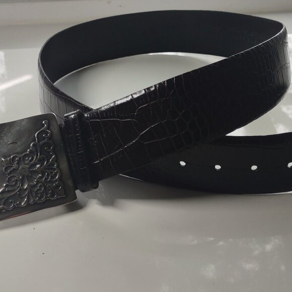 Sandy Duftler Brown Leather Skin Tapered Vintage Silver Buckle Belt 45\